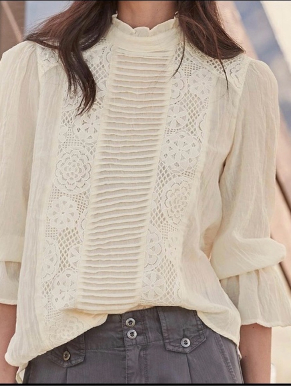 Cream Lace Pintuck High-Neck Women's Blouse